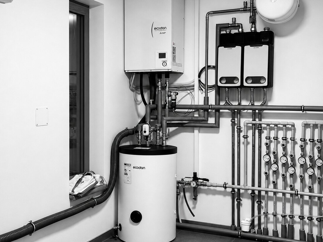 An Ecodan hydrobox, buffer cylinder and underfloor manifold installed in a plant room