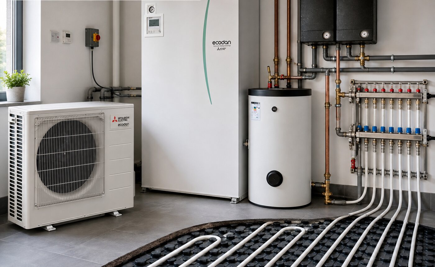 Ecodan outdoor unit, hydrobox and hot water cylinder plumbed to underfloor heating loops
