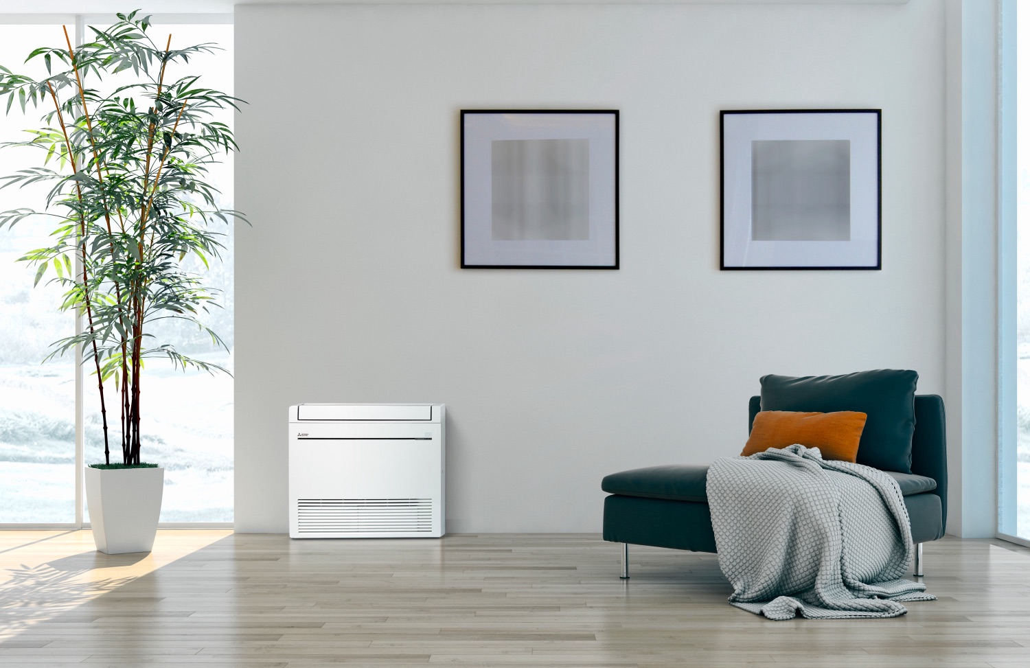 Mitsubishi Electric KW RapidHeat floor console heat pump in a living room