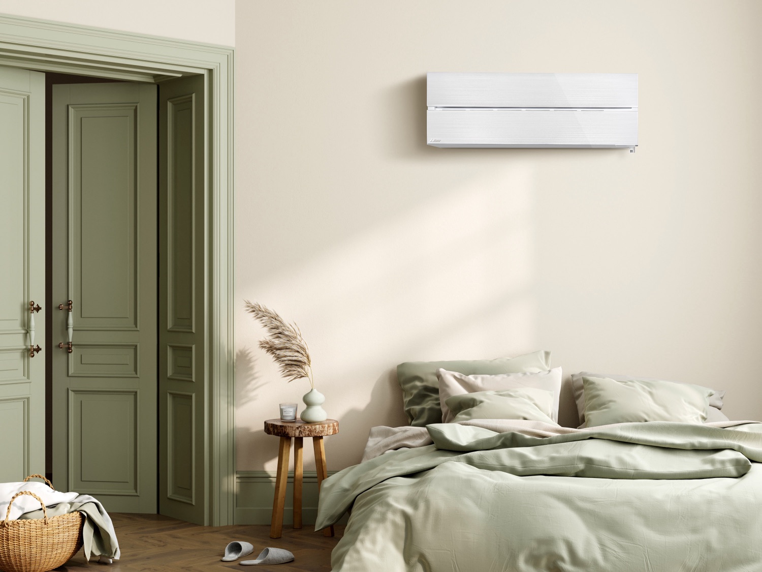 Mitsubishi Electric LN Black Diamond high wall heat pump in a calm bedroom