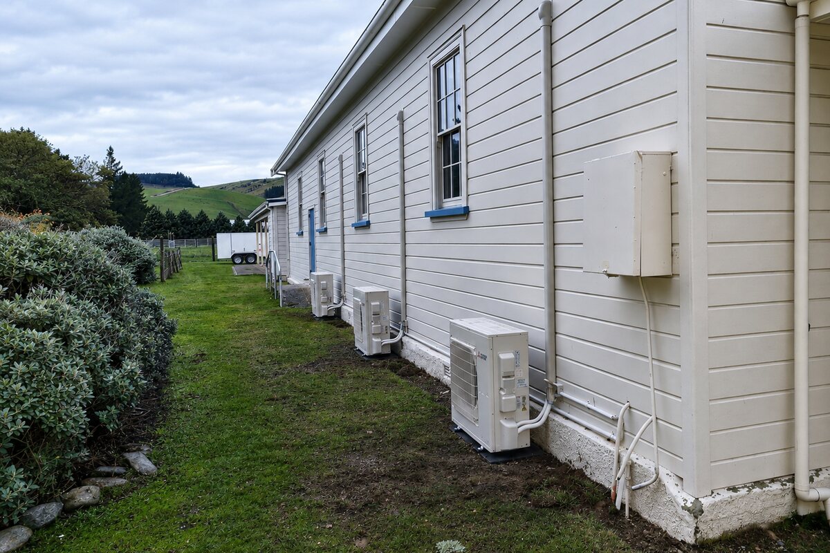 Two heat pump outdoor units installed on the side of a weatherboard villa