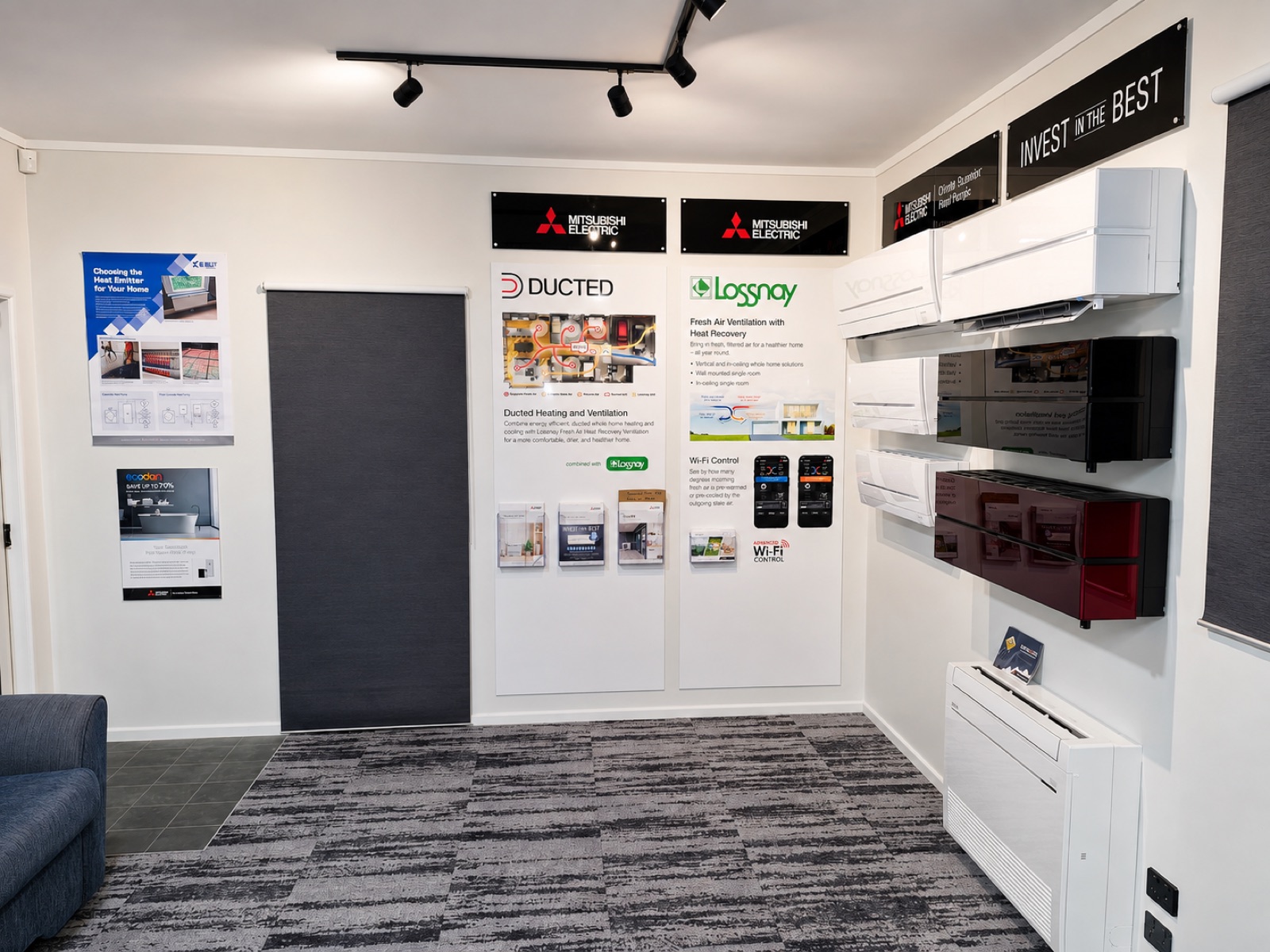 Wall-mounted Mitsubishi Electric heat pumps set up inside the Shannons HVAC showroom